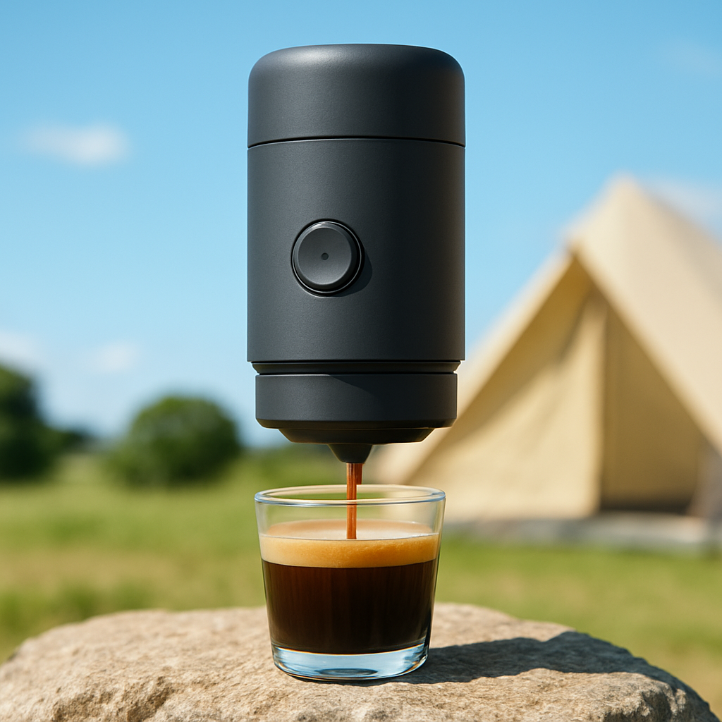 Portable espresso machine brewing outdoors